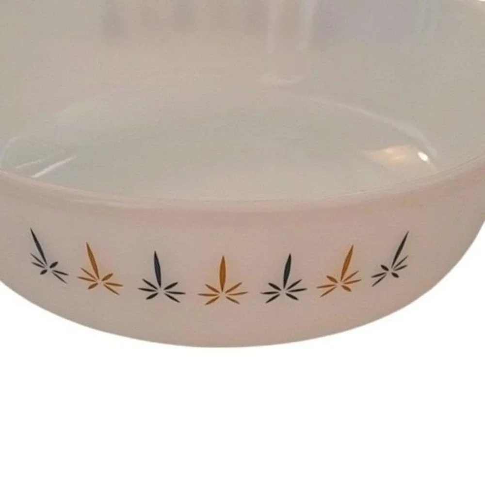Vintage‎ Fire-King Milk Glass Atomic Starburst Casserole Dish Gold Black 1.5QT